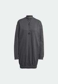 Grå sweatshirtklänning med halvdragkedja vid kragen, långa ärmar och elastisk nederkant. Har en liten, svart logga på bröstet.