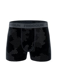 Boxer shorts noirs avec un motif à pois en grisaille. Ceinture élastique avec le logo "Freegun". Texture de tissu douce et lisse.