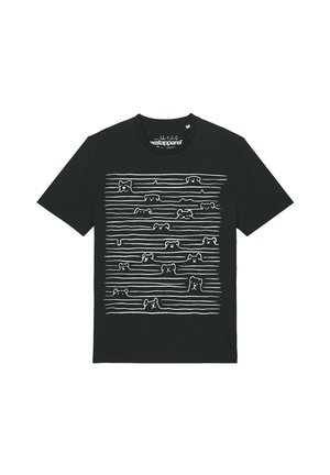 Schwarzes T-Shirt mit kurzen Ärmeln, weißen horizontalen Linien und einfachen weißen Hundegesichtsillustrationen, die vorne zwischen den Linien verteilt sind.