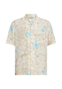 Camicia beige a maniche corte con bottoni, presenta un motivo floreale blu chiaro e giallo e una tasca sul petto.
