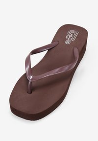 Chanclas marrones con una suela texturizada, que presentan tiras delgadas y brillantes en un tono más oscuro de marrón y un logo en la plantilla.
