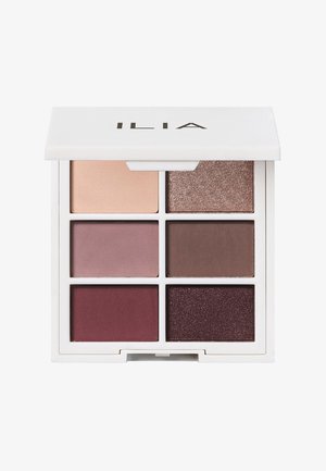 Øjenskyggepalette med seks nuancer: en lys nude, blød pink, dyb mauve, brun og bordeaux; indeholder matte og shimmer finishes i en hvid kompakt.