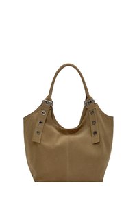 Borsa tote in tela khaki con forma arrotondata. Presenta due manici larghi con accenti metallici e occhielli. Texture morbida, design minimalista.