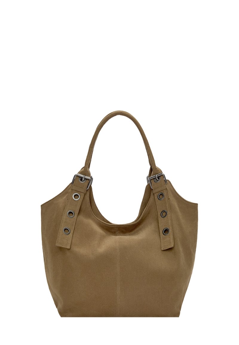 Borsa tote in tela khaki con forma arrotondata. Presenta due manici larghi con accenti metallici e occhielli. Texture morbida, design minimalista.