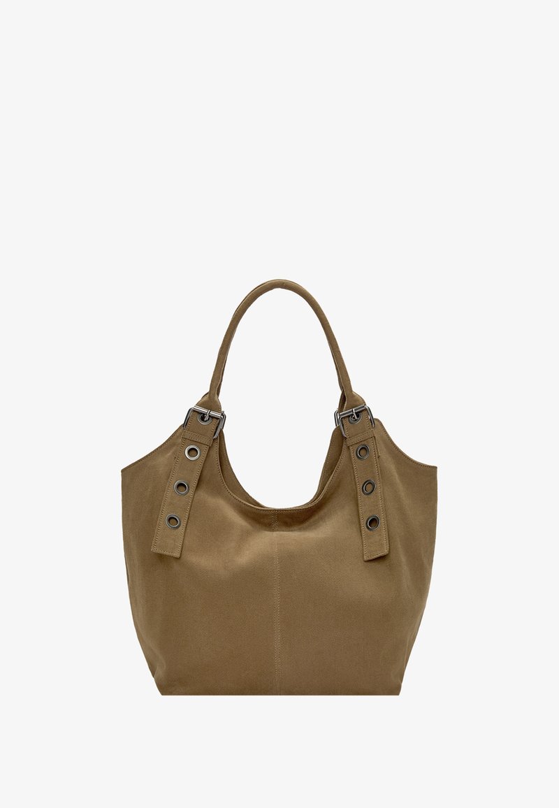 Borsa tote in tela khaki con forma arrotondata. Presenta due manici larghi con accenti metallici e occhielli. Texture morbida, design minimalista.