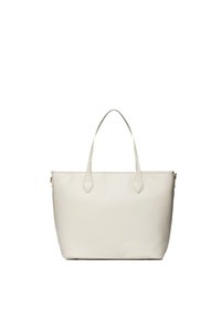 Witte leren tote bag met verlengde handvatten, een gestructureerde vorm, een gladde textuur en een ritssluiting aan één kant.