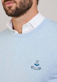 Maglione azzurro chiaro con scollo rotondo, realizzato in tessuto morbido, con logo ricamato in blu marino e azzurro chiaro sul petto.