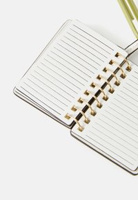 Small open spiral notebook with blank lined pages on a white surface, with a green pen partially visible.