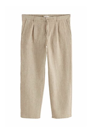 Beżowe lniane spodnie z przednimi zakładkami, bocznymi kieszeniami, zapięciem na guziki i talią ze sznurkiem.