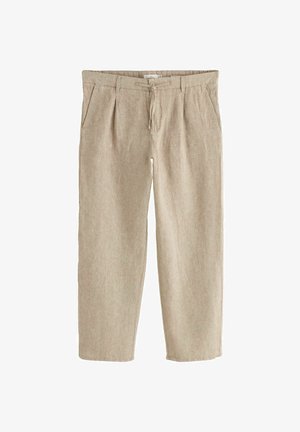 Bež hlače iz lanu s sprednjimi gubami, stranskimi žepi, zapiranjem na gumbe in pasom z vrvico.