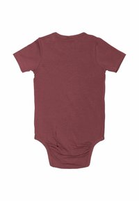 Bodysuit à manches courtes pour bébé en rouge profond. Fabriqué en tissu doux avec un col rond, fermeture à pression à la base et texture lisse.
