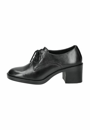Scarpe in pelle nera con punta rotonda e tacco basso a blocco. Presentano un design con lacci e una finitura liscia con sottili dettagli di cucitura.