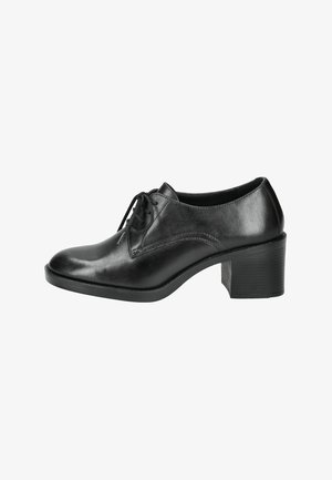 Scarpe in pelle nera con punta rotonda e tacco basso a blocco. Presentano un design con lacci e una finitura liscia con sottili dettagli di cucitura.