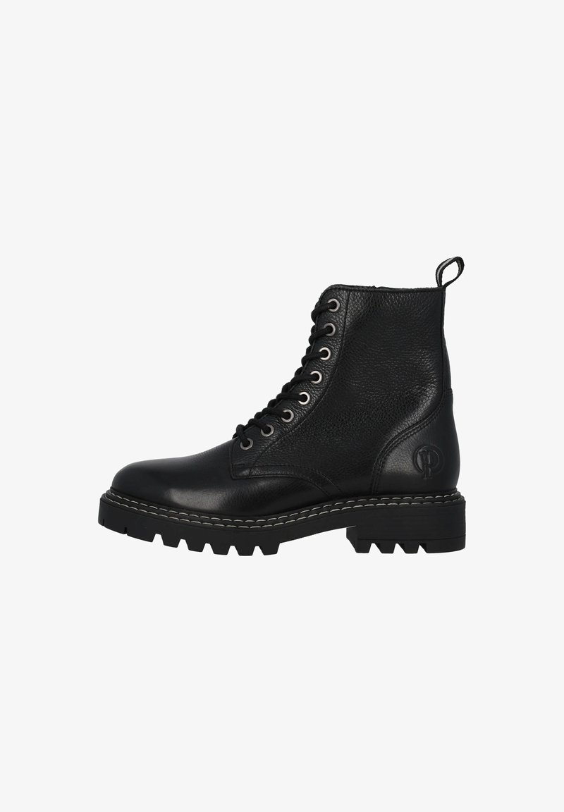 Black leather ankle boots with a textured surface, lace-up front, rounded toe, chunky sole, and logo detail embossed on the side.