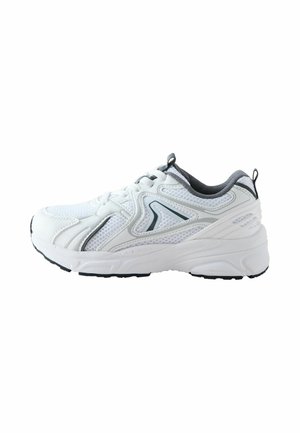 White athletic sneaker with black sole, gray details, mesh fabric, and pull tabs on tongue and heel, shown from the side on a white background.