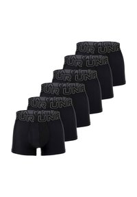 Black boxer shorts with elastic waistband featuring the brand logo. Smooth fabric and fitted design. Set of five identical pairs.