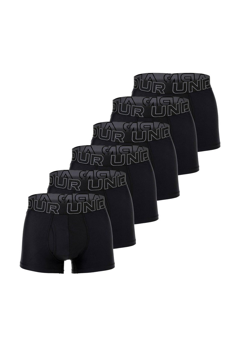 Black boxer shorts with elastic waistband featuring the brand logo. Smooth fabric and fitted design. Set of five identical pairs.