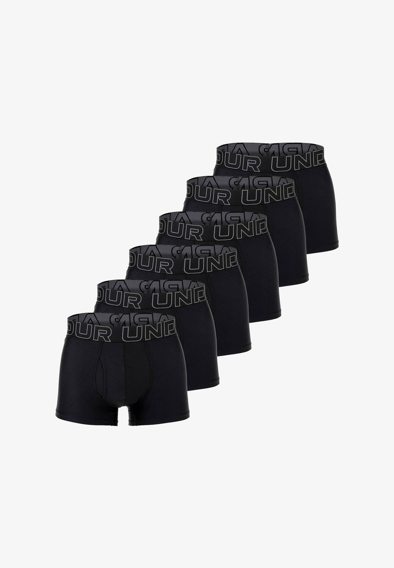 Black boxer shorts with elastic waistband featuring the brand logo. Smooth fabric and fitted design. Set of five identical pairs.