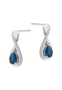 Srebrne kolczyki z kroplowymi niebieskimi kamieniami otoczonymi małymi przezroczystymi kamieniami, z wypolerowanym wykończeniem i zapięciem typu stud.