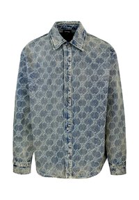 Denim shirt met een lichtblauwe basis en een patroon, knoopsluiting aan de voorkant, puntige kraag en lange mouwen met manchetten.