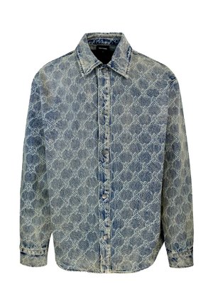 Denim shirt met een lichtblauwe basis en een patroon, knoopsluiting aan de voorkant, puntige kraag en lange mouwen met manchetten.