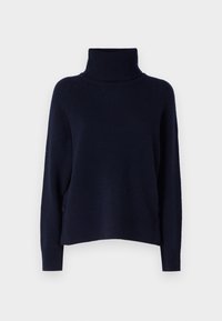 Pulover cu gât înalt de culoare bleumarin, confecționat dintr-un material tricotat moale, având o croială lejeră, guler și manșete cu nervuri, cu o textur�ă netedă și fără modele vizibile.