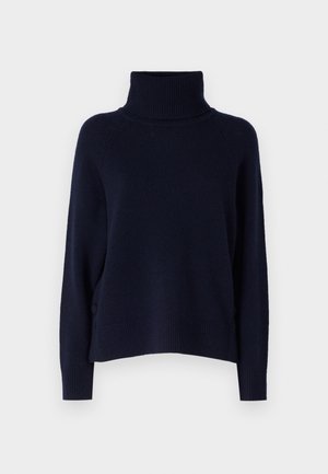 Pull à col roulé navy en tissu tricoté doux, avec une coupe décontractée, un col et des poignets côtelés, présentant une texture lisse et sans motifs visibles.