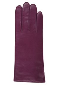 Guanto in pelle viola con cinque dita, caratterizzato da una texture liscia e un design aderente. Nessun hardware o motivo visibile.
