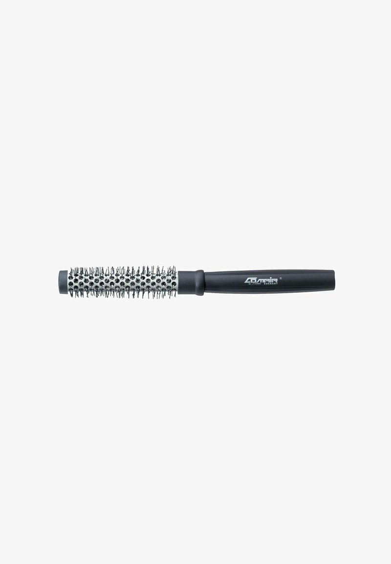 Round hairbrush with a black plastic handle and metallic bristles. Handle features a textured grip, designed for better control during use.
