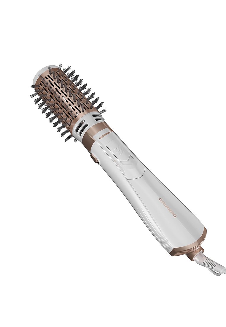 Haartrockner-Bürste mit einem weißen Griff und bronzefarbenen Akzenten, ausgestattet mit einem runden Bürstenkopf mit flexiblen Borsten und Belüftungsöffnungen.