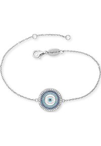 Silverkedja med armband som har en cirkulär charm med lager av blå och turkosa stenar, samt ett centralt ögmotiv, med en kräftklämma.
