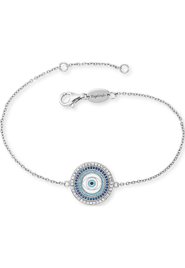 Silverkedja med armband som har en cirkulär charm med lager av blå och turkosa stenar, samt ett centralt ögmotiv, med en kräftklämma.