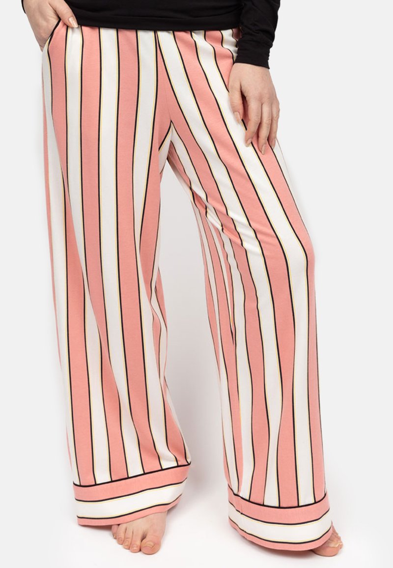 Pantalones de pierna ancha en rayas rosas y blancas, con detalles en negro. Fabricados con un material suave que ofrece un ajuste cómodo y detalles en el dobladillo.