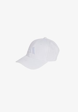 White baseball cap with a curved brim, made of fabric, featuring three vertical accent stripes in a slightly darker shade.