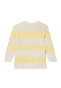 Gebreide trui met lange mouwen en brede horizontale strepen in crème en lichtgeel, voorzien van een ronde hals en geribbelde boorden aan de mouwen en zoom.
