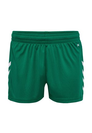 Grønne sportsshorts lavet af blød stof, med en strækbar talje og hvide diagonale striber på siderne.