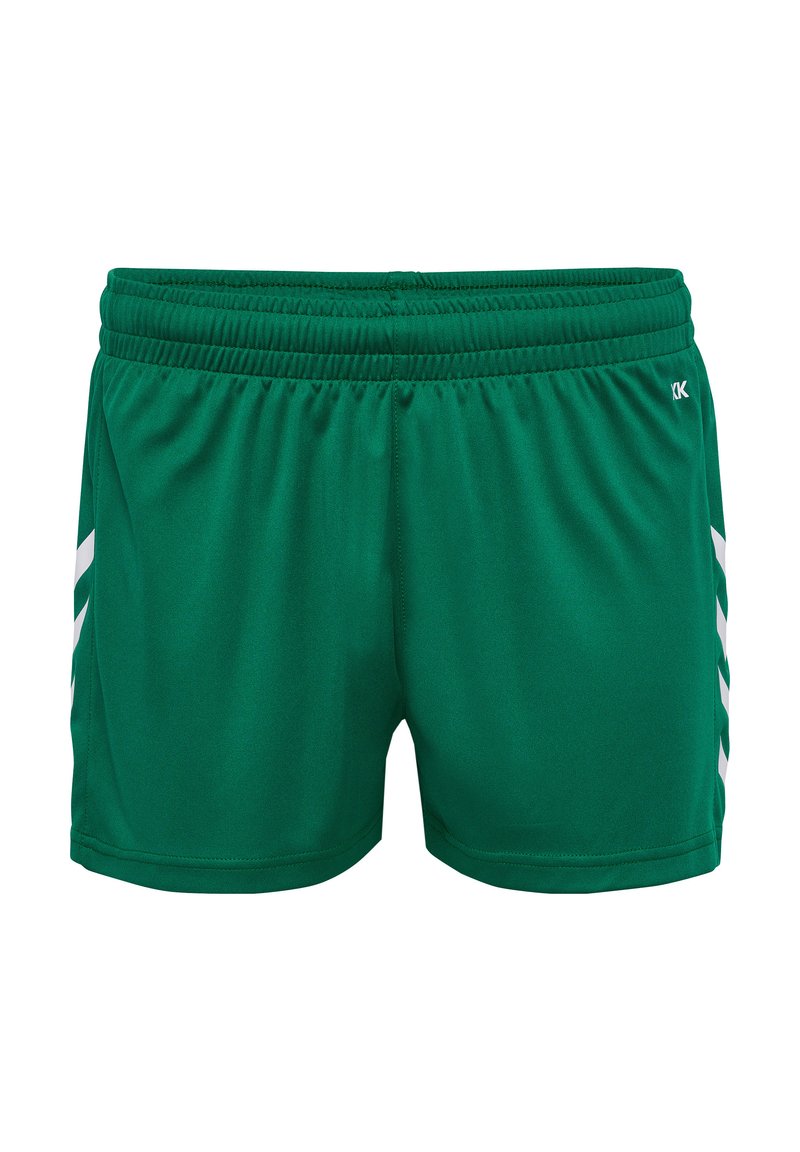 Pantalones cortos deportivos verdes hechos de una tela suave, con una cinturilla elástica y franjas diagonales blancas a los lados.