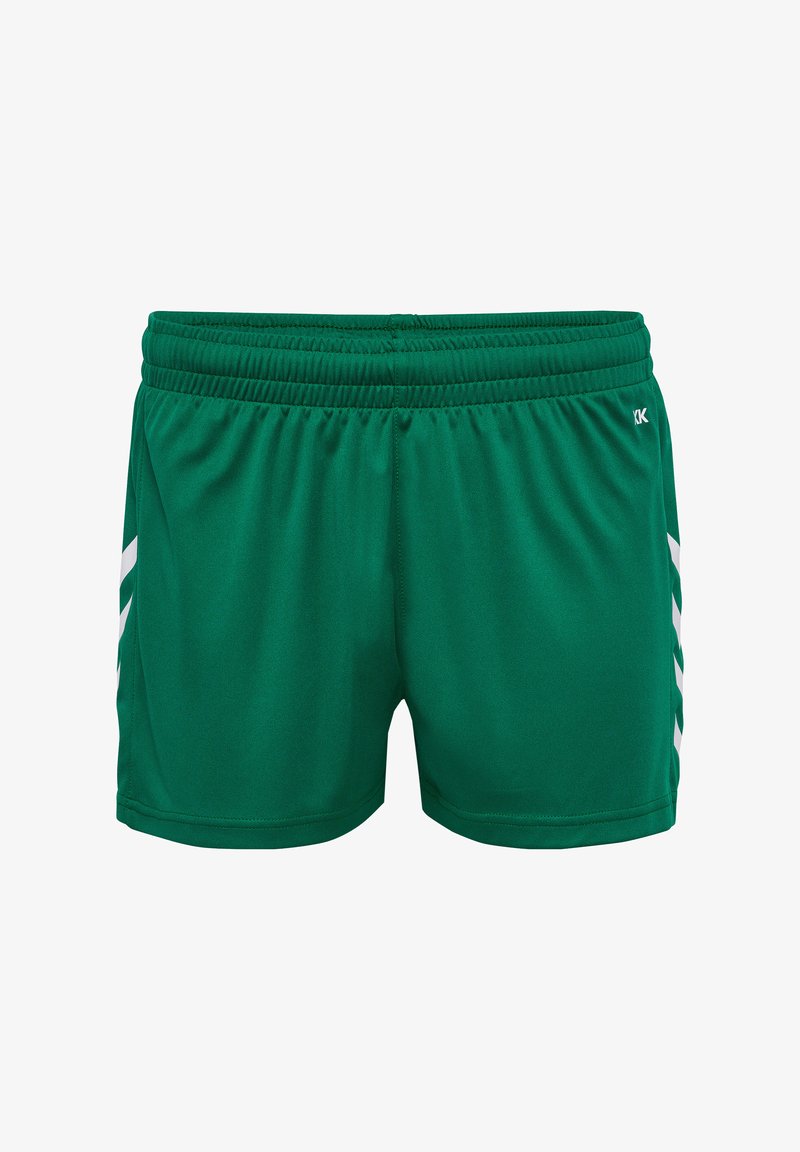 Pantalones cortos deportivos verdes hechos de una tela suave, con una cinturilla elástica y franjas diagonales blancas a los lados.