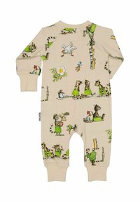 Beige barnkläder för småbarn med långa ärmar, grönkragiga katter, höns, blommor och lekfulla djurillustrationer tryckta överallt.