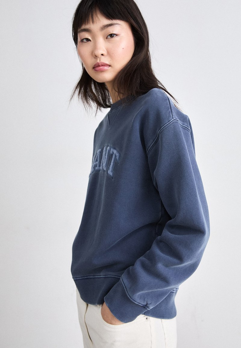 Niebieska bluza z napisem "GRANT", okrągły dekolt i ściągacze na rękawach. Wykonana z miękkiej bawełny; luźny krój z widocznymi detalami szwów.