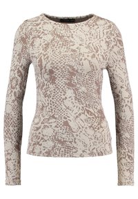 Langärmliges Oberteil aus leichtem Stoff, mit einem Design in Beige und hellbraunem Schlangenmuster und rundem Ausschnitt.