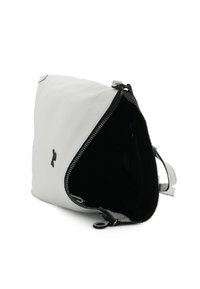 Borsa bianca in pelle con zip nera e interno scuro. Presenta un design minimalista e un piccolo logo all'esterno. Si apre su un ampio scomparto.
