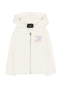 Felpa con zip bianca con texture morbida, con un logo "JR" viola sul petto e orlo a coste. Include un cappuccio e tasche laterali.