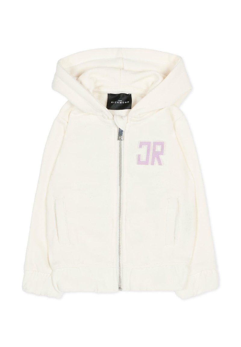 Felpa con zip bianca con texture morbida, con un logo "JR" viola sul petto e orlo a coste. Include un cappuccio e tasche laterali.