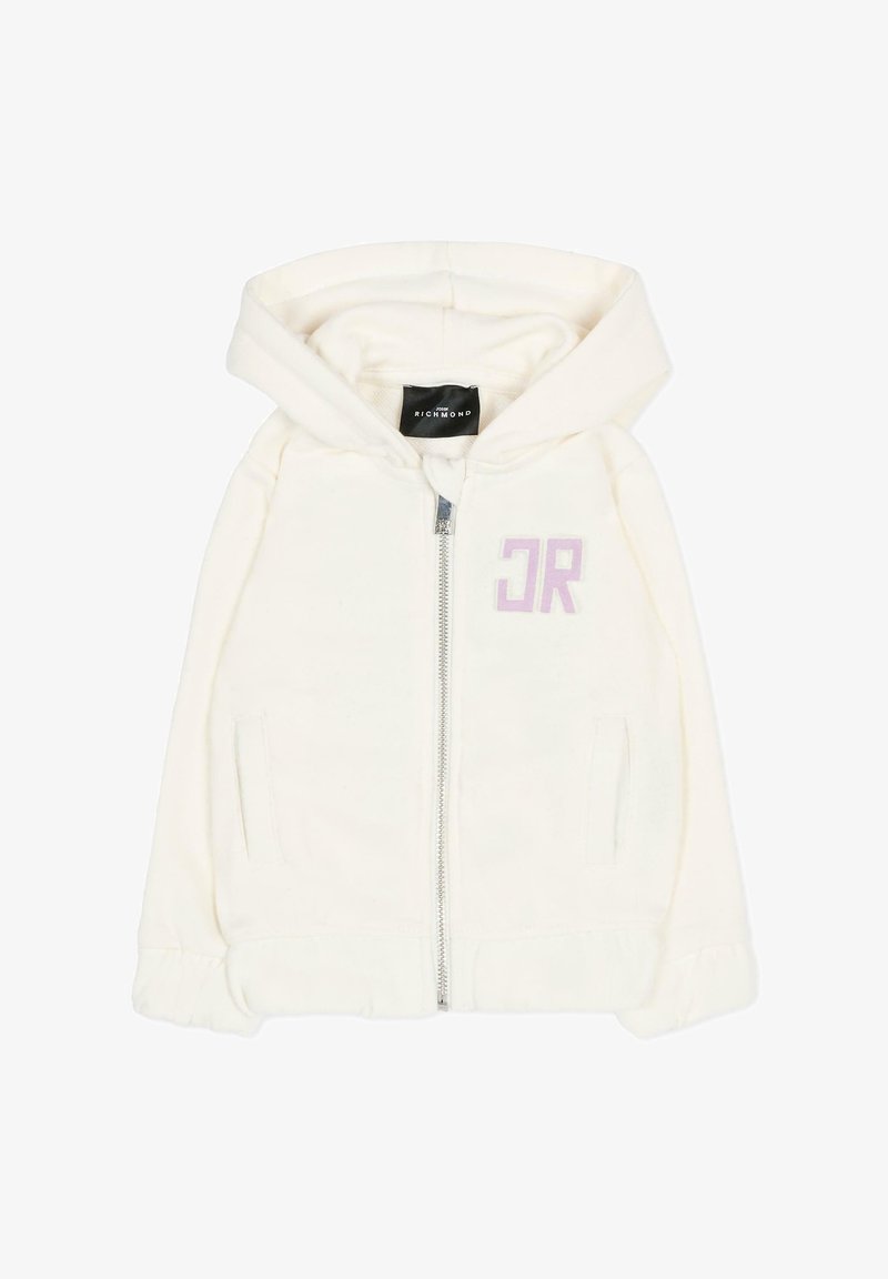 Felpa con zip bianca con texture morbida, con un logo "JR" viola sul petto e orlo a coste. Include un cappuccio e tasche laterali.
