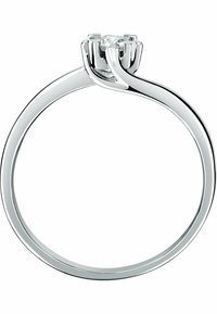 Silberner Metallring mit einem zentralen, runden Diamanten, der in einer Vierklauenfassung gehalten wird, und einem glatten, polierten Band.