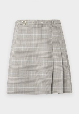 Šedá károvaná sukně s plisovaným designem, poutky na opasek a boční zapínání na knoflíky. Vyrobená z hladké látky.