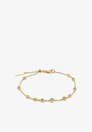 Bracciale tono oro con gemme colorate rotonde incastonate in montature circolari, collegate da una delicata catena con chiusura.