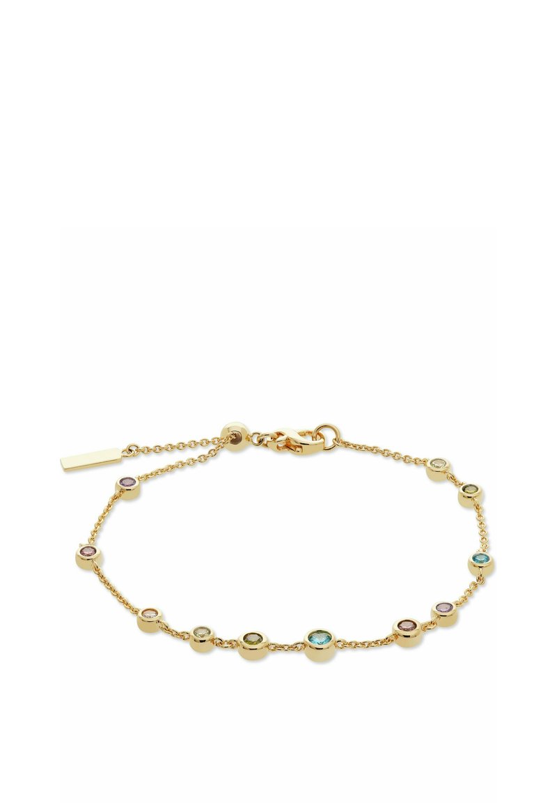 Bracciale tono oro con gemme colorate rotonde incastonate in montature circolari, collegate da una delicata catena con chiusura.