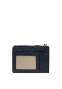 Porte-cartes en cuir bleu marine avec une fente pour ID transparente, plusieurs fentes pour cartes et un compartiment zippé pour la monnaie ou de petits objets.